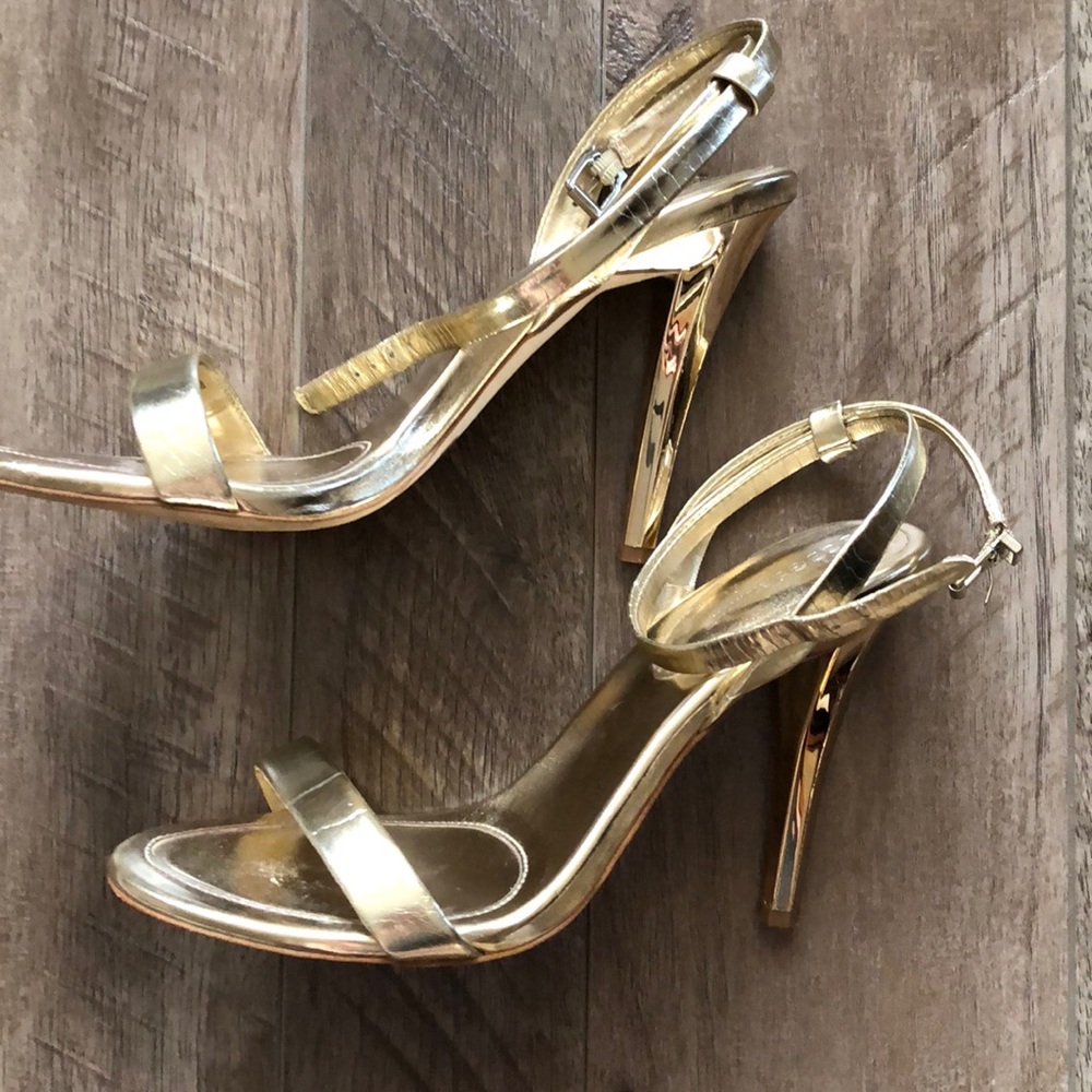 BCBG Gold Ankle Strap Heels